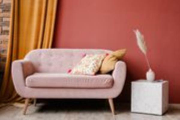 bold accent wall and pink sofa