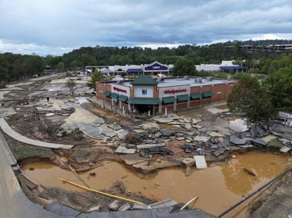 A drone view shows a damaged area, following the passing of Hurricane Helene, in Asheville, North Carolina, U.S., September 29, 2024. 