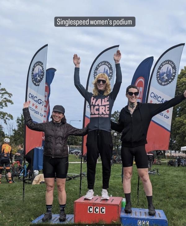 Tessa Johnson, Evelyn Williamson and Allison Zmuda are pictured on the podium for the Single Speed contest.