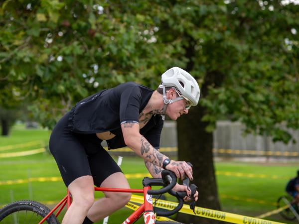 Evelyn Williamson is pictured cycling at the Chicago CycloCross Cup.